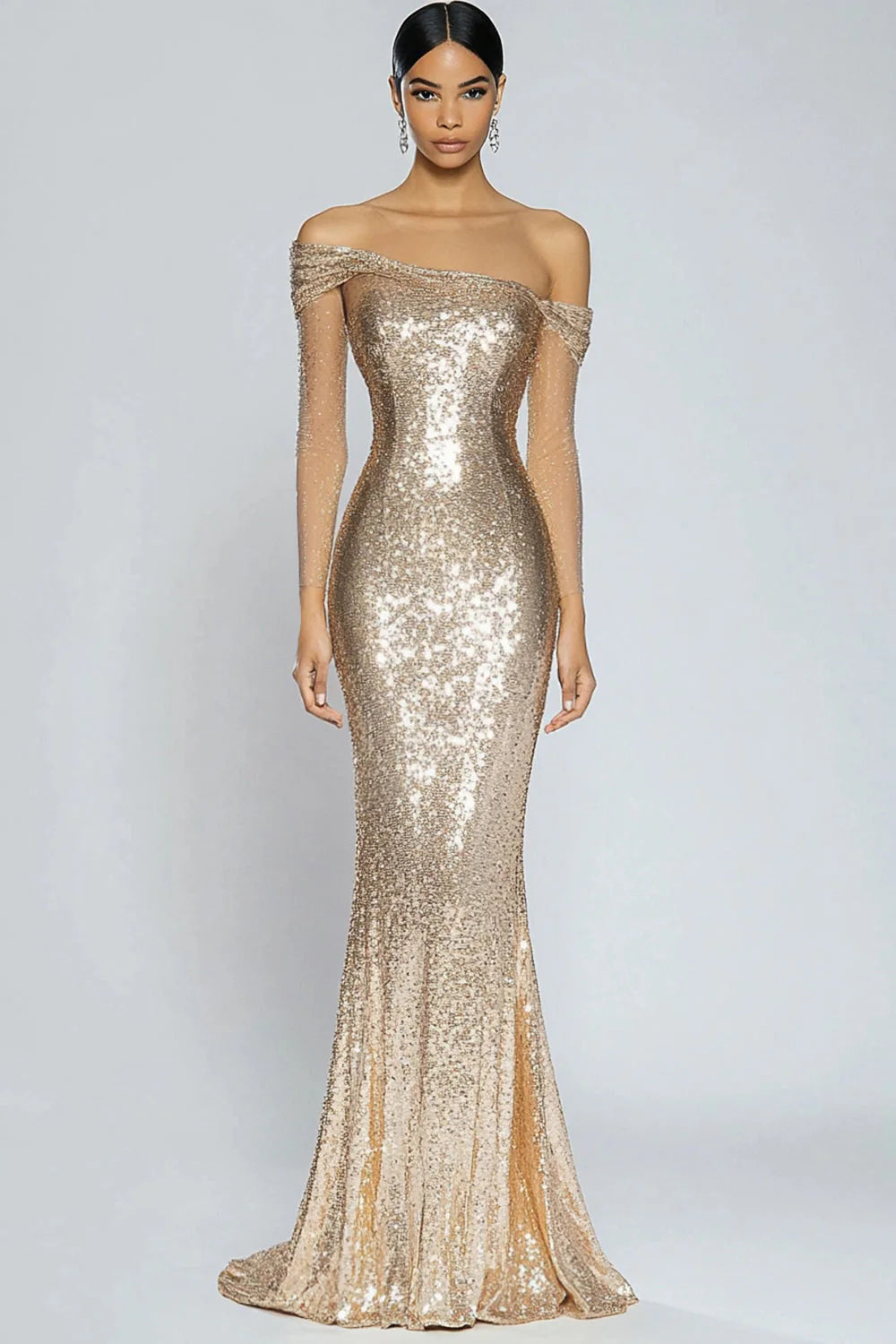 Elegant Sparkly Champagne Mermaid Off the Shoulder Sequins Long Formal Dress
